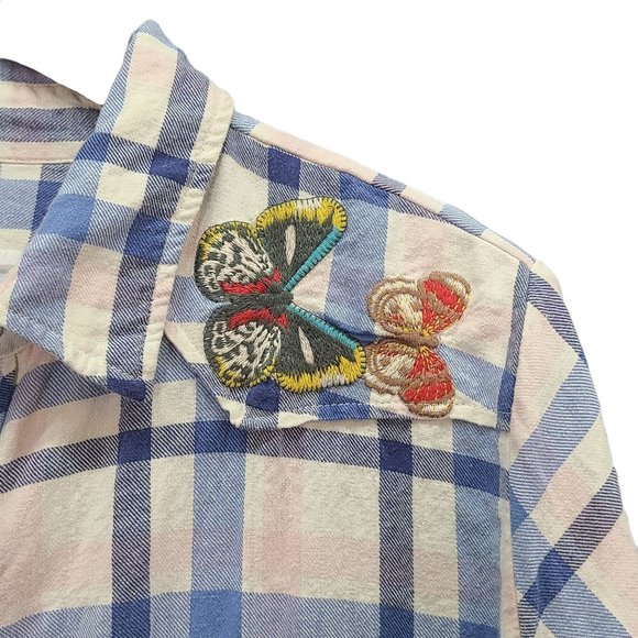 Johnny Was Blue Plaid Embroidered Top with Butterflies - Picture 4 of 9